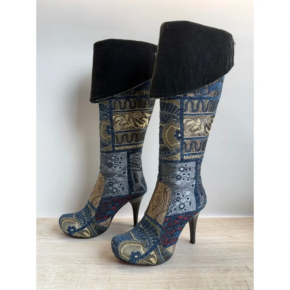TurkishSoul Blue Gold Patchwork Brocade Tapestry Knee High Stiletto Heel Boots